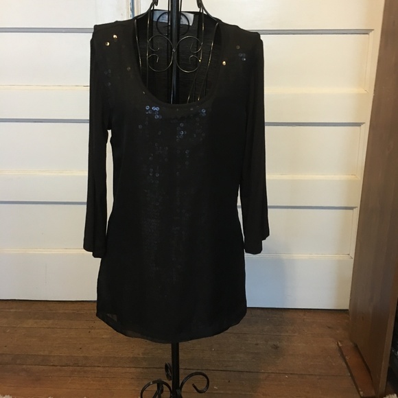 NWOT BADGLEY MICHKA BLACK SEQUINS TUNIC/TOP XS - Picture 1 of 8